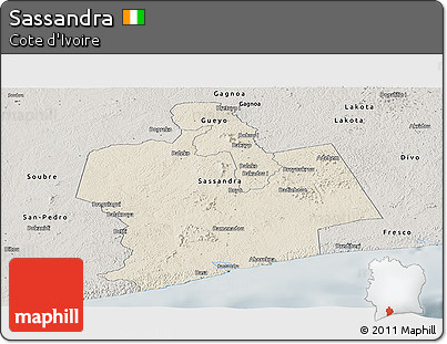 Shaded Relief Panoramic Map of Sassandra, semi-desaturated