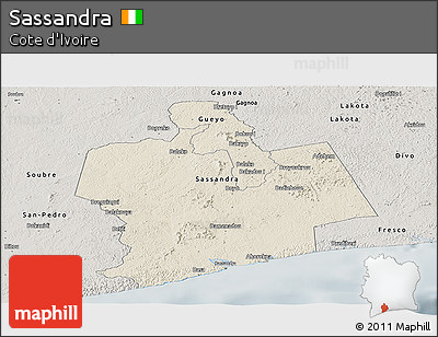 Shaded Relief Panoramic Map of Sassandra, semi-desaturated