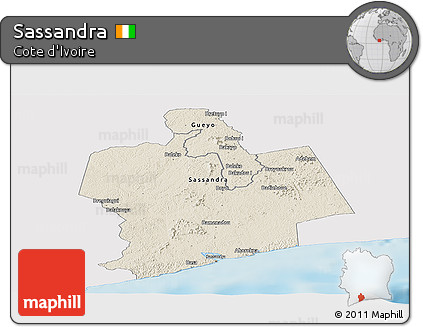Shaded Relief Panoramic Map of Sassandra, single color outside