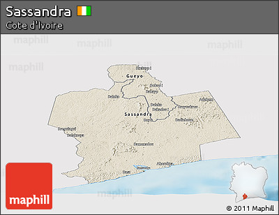 Shaded Relief Panoramic Map of Sassandra, single color outside