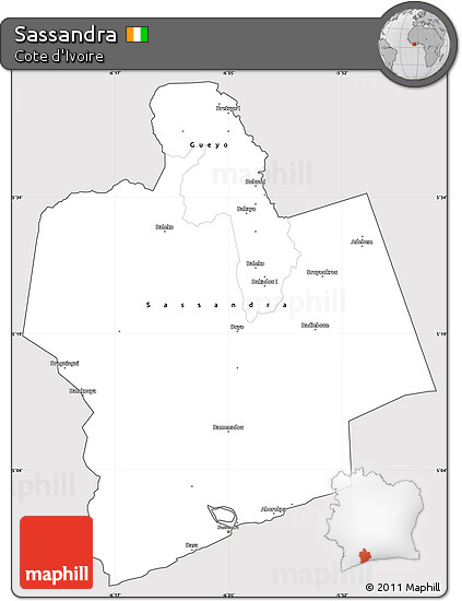 Silver Style Simple Map of Sassandra, cropped outside