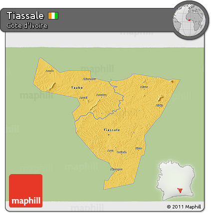 Savanna Style 3D Map of Tiassale, single color outside