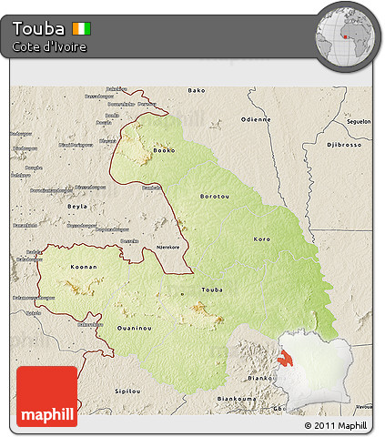 Physical 3D Map of Touba, shaded relief outside