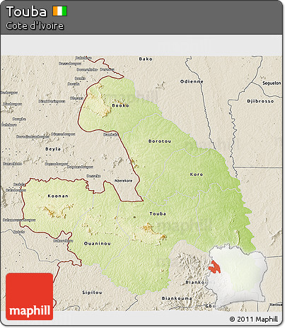 Physical 3D Map of Touba, shaded relief outside