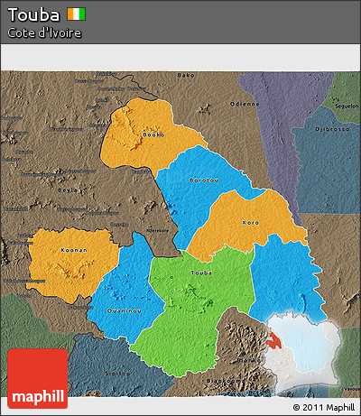 Political 3D Map of Touba, darken, semi-desaturated
