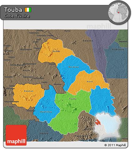 Political 3D Map of Touba, darken, semi-desaturated