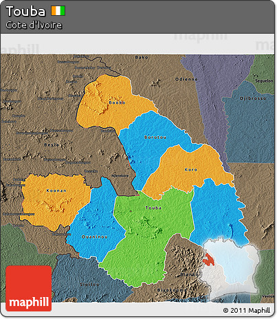 Political 3D Map of Touba, darken, semi-desaturated