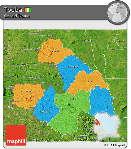 Political 3D Map of Touba, satellite outside
