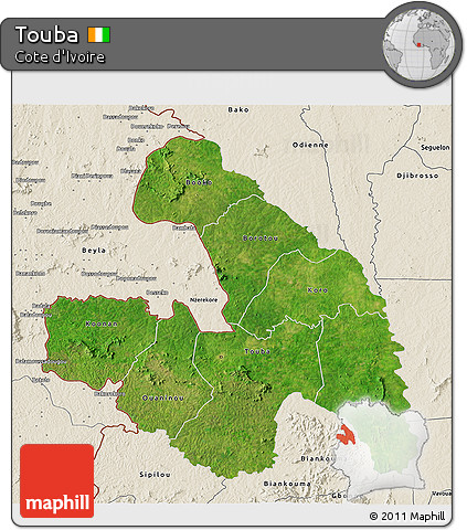 Satellite 3D Map of Touba, shaded relief outside