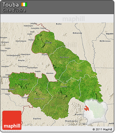 Satellite 3D Map of Touba, shaded relief outside