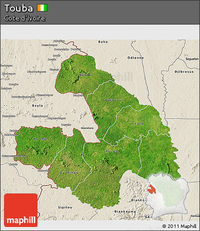 Satellite 3D Map of Touba, shaded relief outside