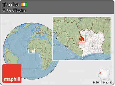 Savanna Style Location Map of Touba, highlighted country, hill shading