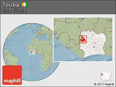 Savanna Style Location Map of Touba, highlighted country, hill shading