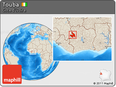 Shaded Relief Location Map of Touba, within the entire country