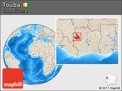 Shaded Relief Location Map of Touba, within the entire country