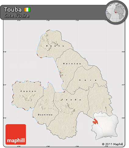 Shaded Relief Map of Touba, cropped outside