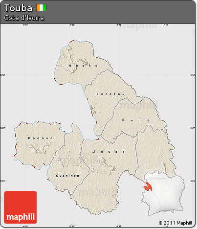 Shaded Relief Map of Touba, cropped outside