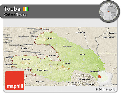 Physical Panoramic Map of Touba, shaded relief outside