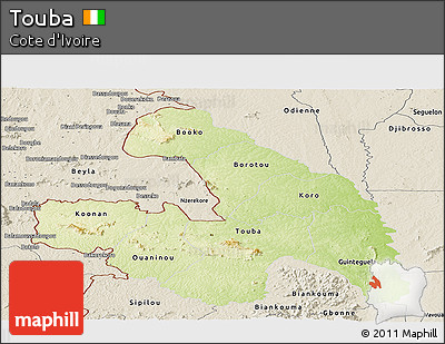 Physical Panoramic Map of Touba, shaded relief outside