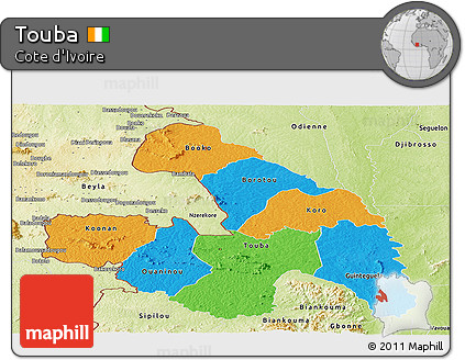 Political Panoramic Map of Touba, physical outside