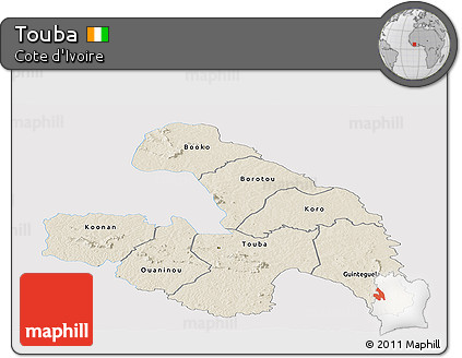 Shaded Relief Panoramic Map of Touba, single color outside