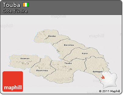 Shaded Relief Panoramic Map of Touba, single color outside