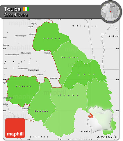 Political Shades Simple Map of Touba, single color outside, borders and labels
