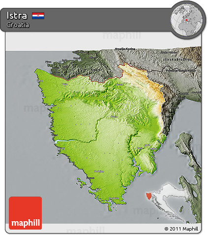 Physical 3D Map of Istra, darken, semi-desaturated