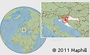 Savanna Style Location Map of Karlovac, highlighted country, hill shading