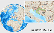 Savanna Style Location Map of Croatia, shaded relief outside