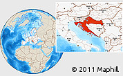 Shaded Relief Location Map of Croatia, highlighted continent