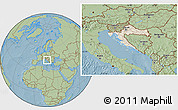 Shaded Relief Location Map of Croatia, savanna style outside, hill shading