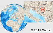 Shaded Relief Location Map of Osijek-Baranja, within the entire country