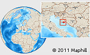 Shaded Relief Location Map of Sibenik, within the entire country