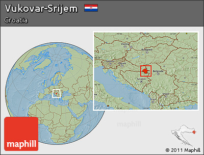 Savanna Style Location Map of Vukovar-Srijem, hill shading