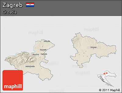 Shaded Relief 3D Map of Zagreb, single color outside