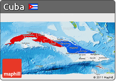 Flag 3D Map of Cuba, physical outside, bathymetry sea, flag centered