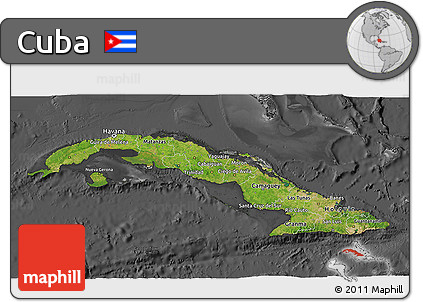 Satellite 3D Map of Cuba, darken, desaturated