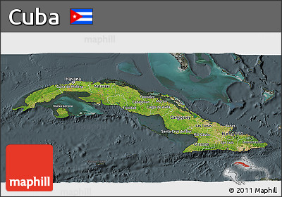 Satellite 3D Map of Cuba, darken, semi-desaturated