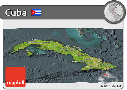 Satellite 3D Map of Cuba, darken, semi-desaturated
