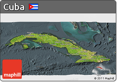 Satellite 3D Map of Cuba, darken, semi-desaturated