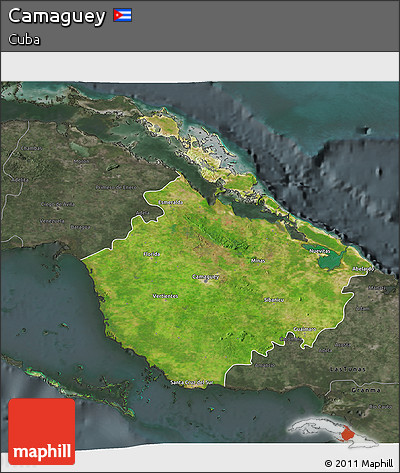Satellite 3D Map of Camaguey, darken, semi-desaturated