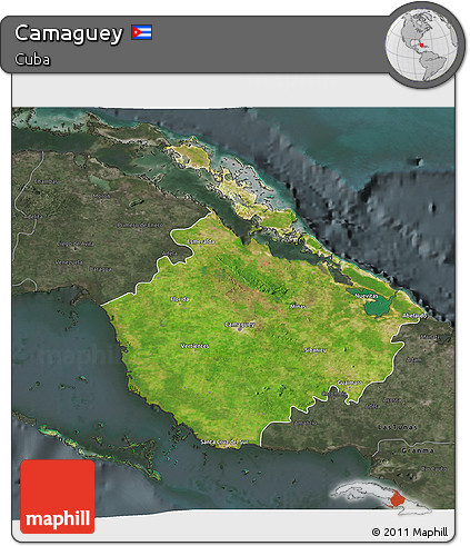 Satellite 3D Map of Camaguey, darken, semi-desaturated