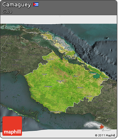Satellite 3D Map of Camaguey, darken, semi-desaturated