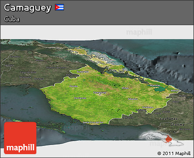 Satellite Panoramic Map of Camaguey, darken, semi-desaturated