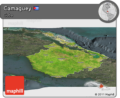 Satellite Panoramic Map of Camaguey, darken, semi-desaturated