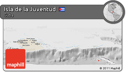 Shaded Relief Panoramic Map of Isla De La Juventud, lighten, desaturated
