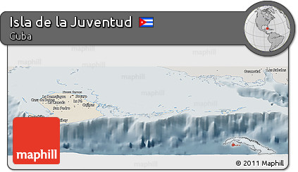 Shaded Relief Panoramic Map of Isla De La Juventud, semi-desaturated