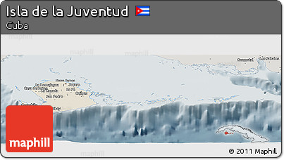 Shaded Relief Panoramic Map of Isla De La Juventud, semi-desaturated