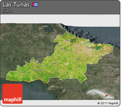 Satellite 3D Map of Las Tunas, darken, semi-desaturated